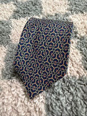 HERMES Made In France Navy Blue, Gold, and Red Link Pattern Print Silk Neck Tie